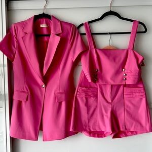 Barbie Pink Suit 3 Piece-high waisted shorts crop top short sleeve suit jacket